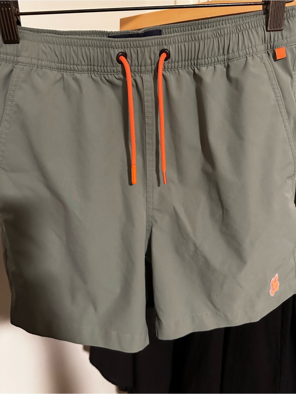 Psycho Bunny Olive Green Swim Shorts with Bright Orange Drawstring